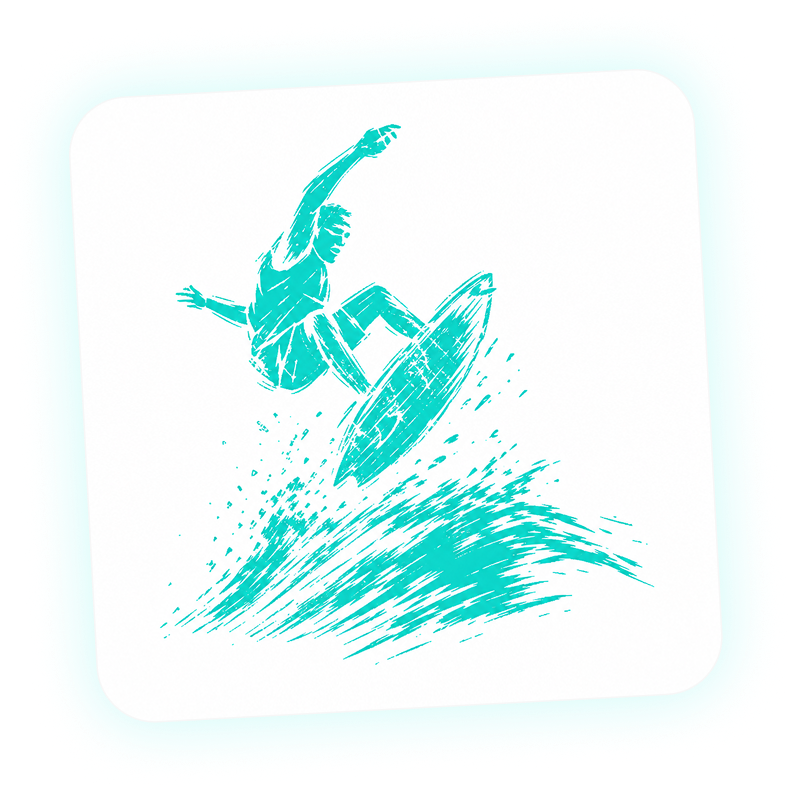 Ilustração de um surfista executando uma manobra aérea com prancha de surf na crista da onda