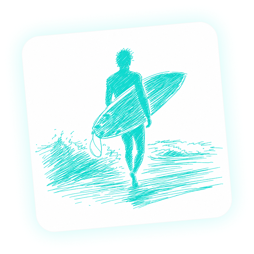 lustração de um surfista caminhando na praia em direção ao mar segurando uma prancha de surf em Sines Alentejo Portugal