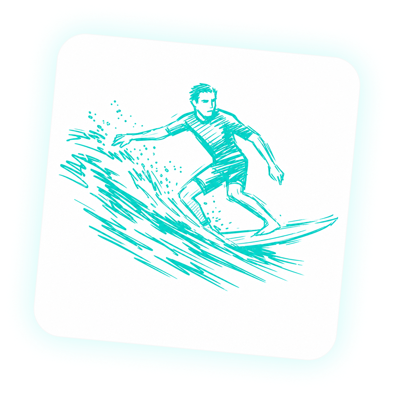 Desenho de um surfista deslizando e fazendo curva em uma onda verde no mar