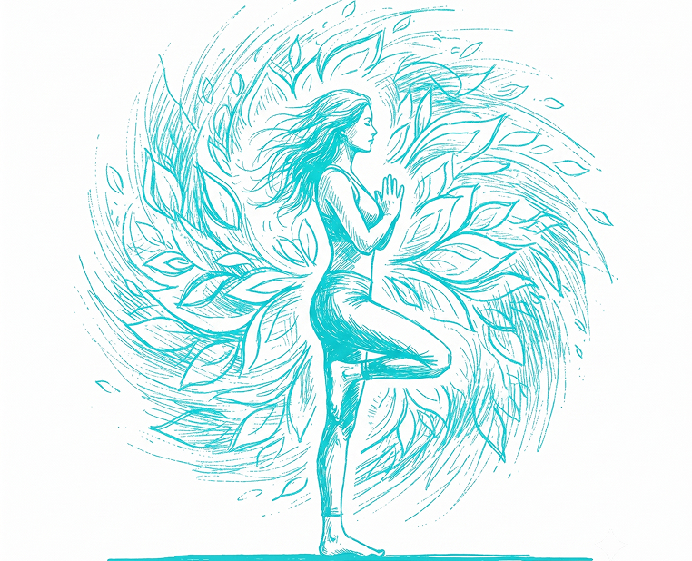 Aqua-green illustration of a woman doing yoga tree pose surrounded by elements of nature Wild Nature Surf Camp Portugal.