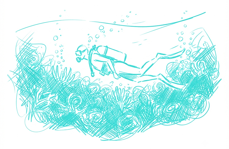 Illustration in blue lines of a diver with scuba diving equipment exploring the seabed and reefs Wild Nature Surf Camp Portugal.