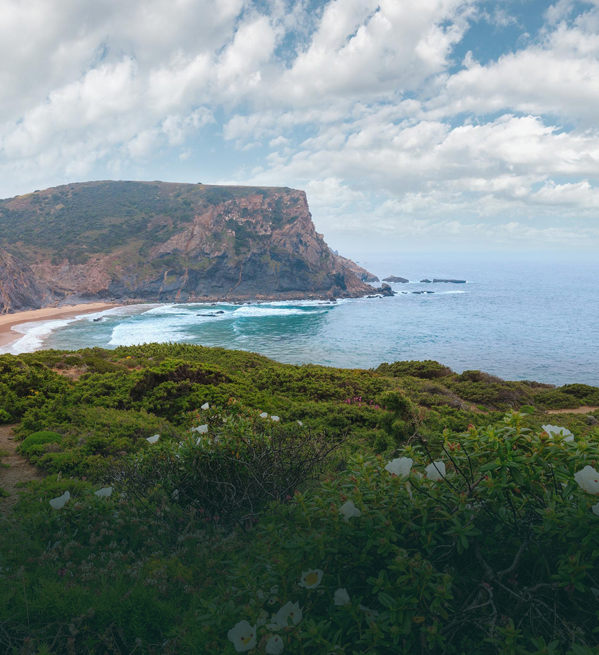 Vista panorâmica das falésias e praia de areia dourada na costa do Alentejo em Portugal perto do Wild Nature Surf Camp