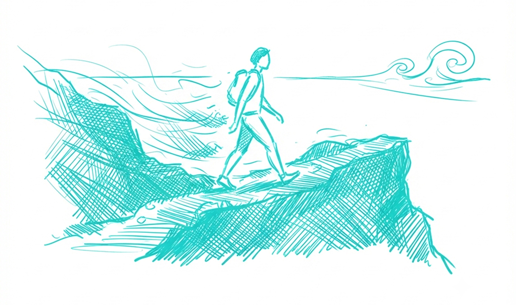 Illustration of a backpacking hiker walking a cliff-top trail overlooking the sea Wild Nature Surf Camp Portugal.