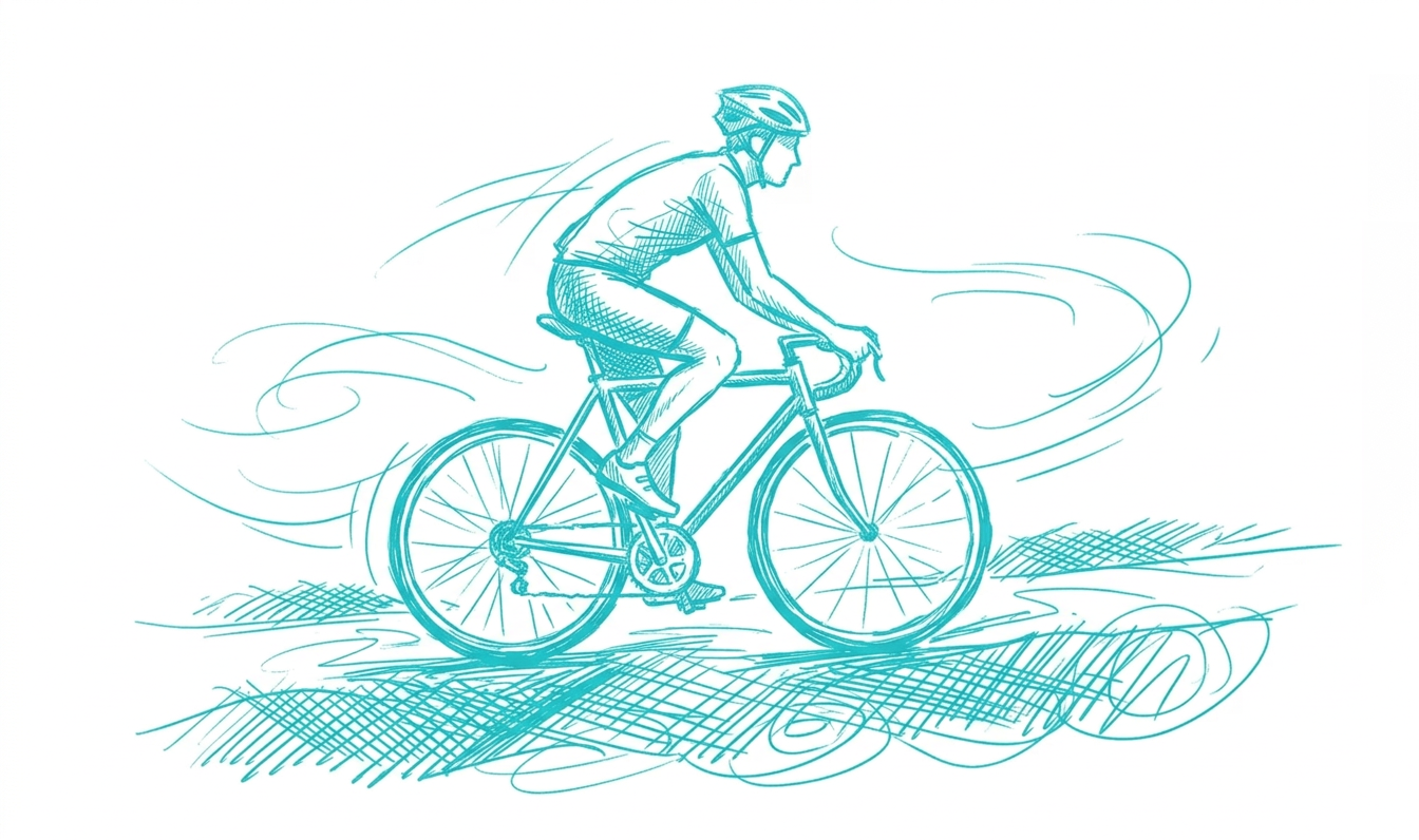 A watercolor sketch-style illustration showing a cyclist riding along a coastal path in Sines, with a large wave in the background and houses lining the route.